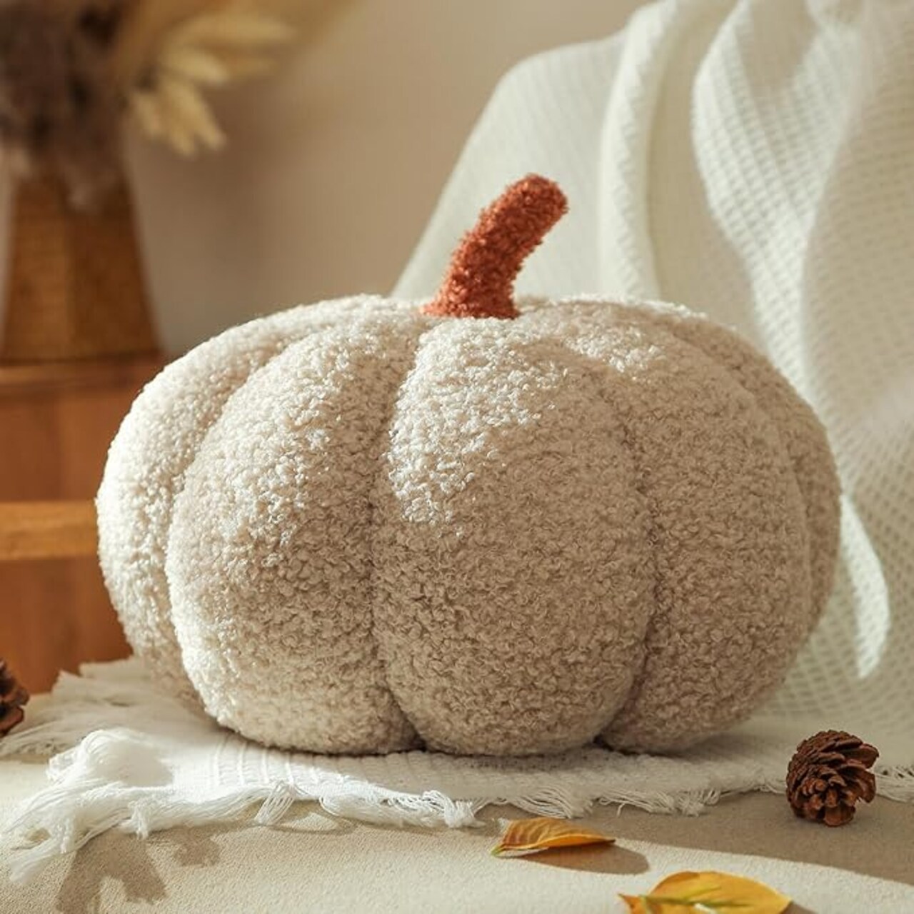 Halloween Pumpkin Pillows, Off White Pumpkin Shaped Throw Pillows Room Decoration, Teddy Fleece Cute 6x12 Inches Soft Pillow for Natural, Accent Halloween Pillows, and Fall Decor